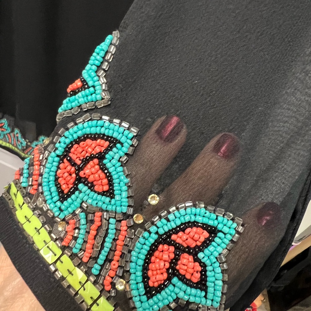 Lucky & Coco Beaded black Coverup/ Tunic Sheer Stunning Colorful Hand Beading - Picture 3 of 12